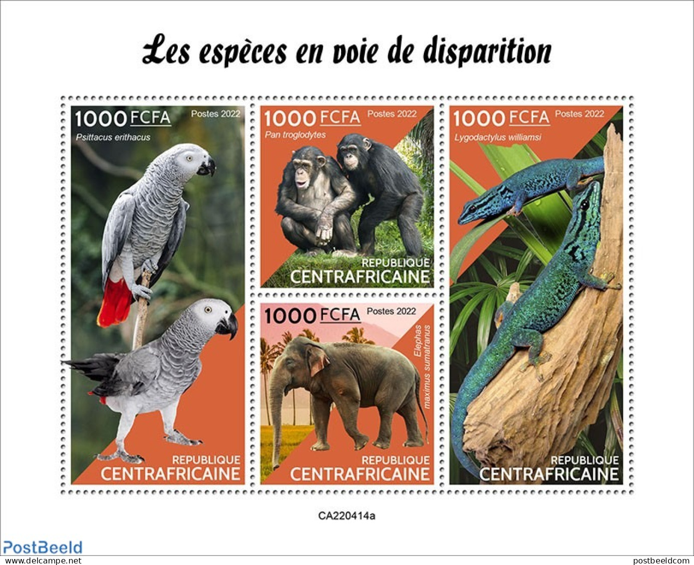 Central Africa 2022 Endangered Species , Mint NH, Nature - Animals (others & Mixed) - Elephants - Monkeys - Parrots - Centraal-Afrikaanse Republiek