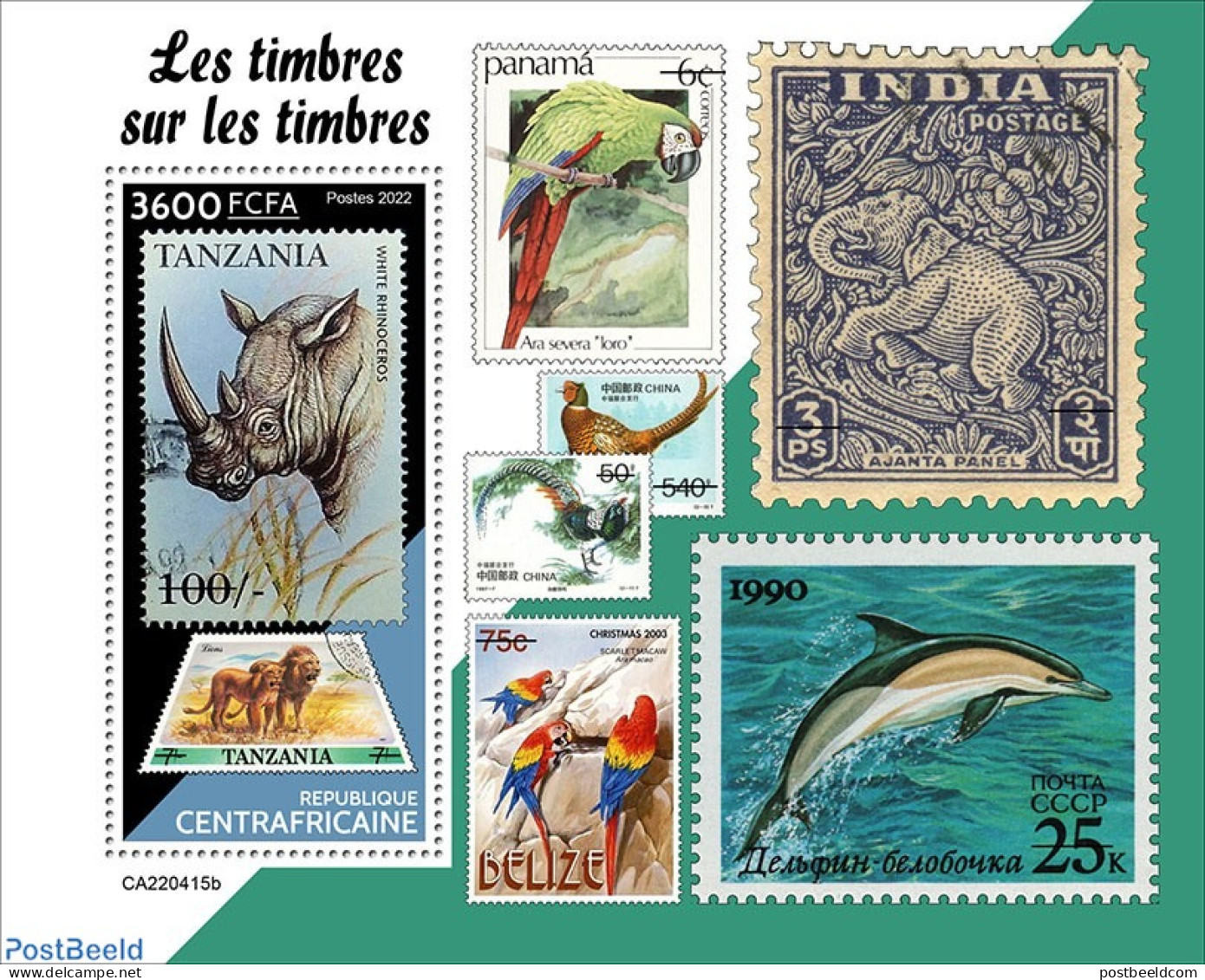 Central Africa 2022 Stamps On Stamps, Mint NH, Nature - Cat Family - Rhinoceros - Stamps On Stamps - Briefmarken Auf Briefmarken