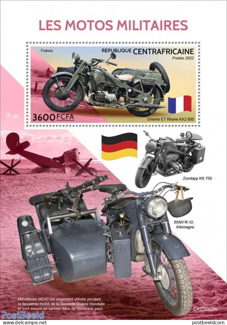 Central Africa 2022 Military Motorcycles, Mint NH, History - Transport - Militarism - Motorcycles - Militares