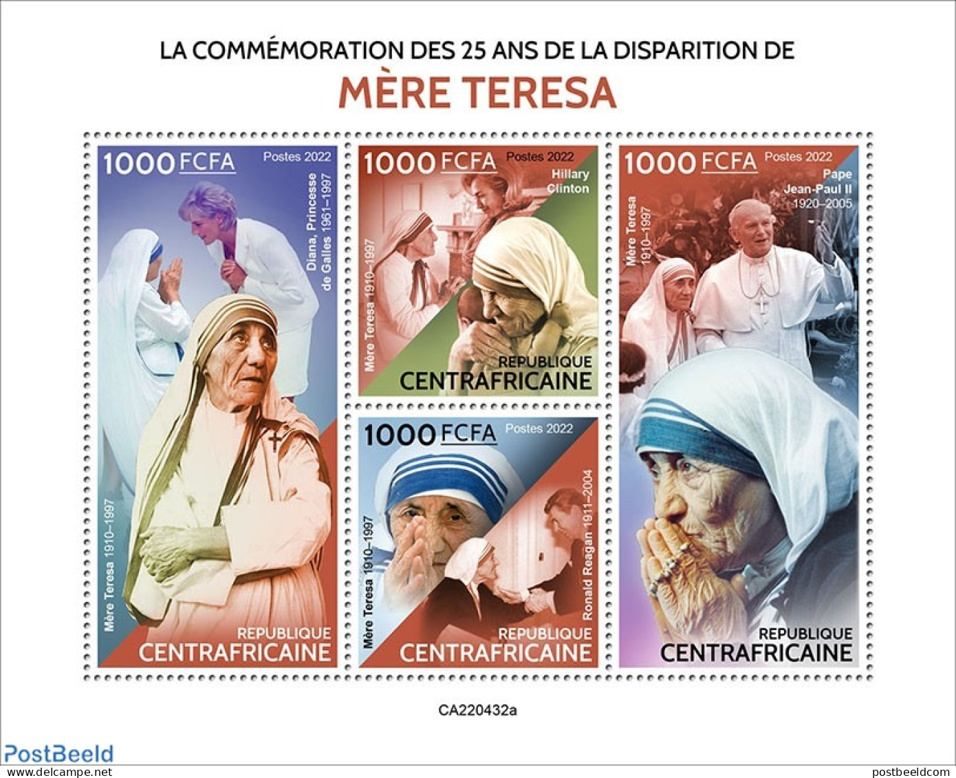 Central Africa 2022 25th Memorial Anniversary Of Mother Teresa, Mint NH, History - Religion - American Presidents - Ch.. - Familles Royales