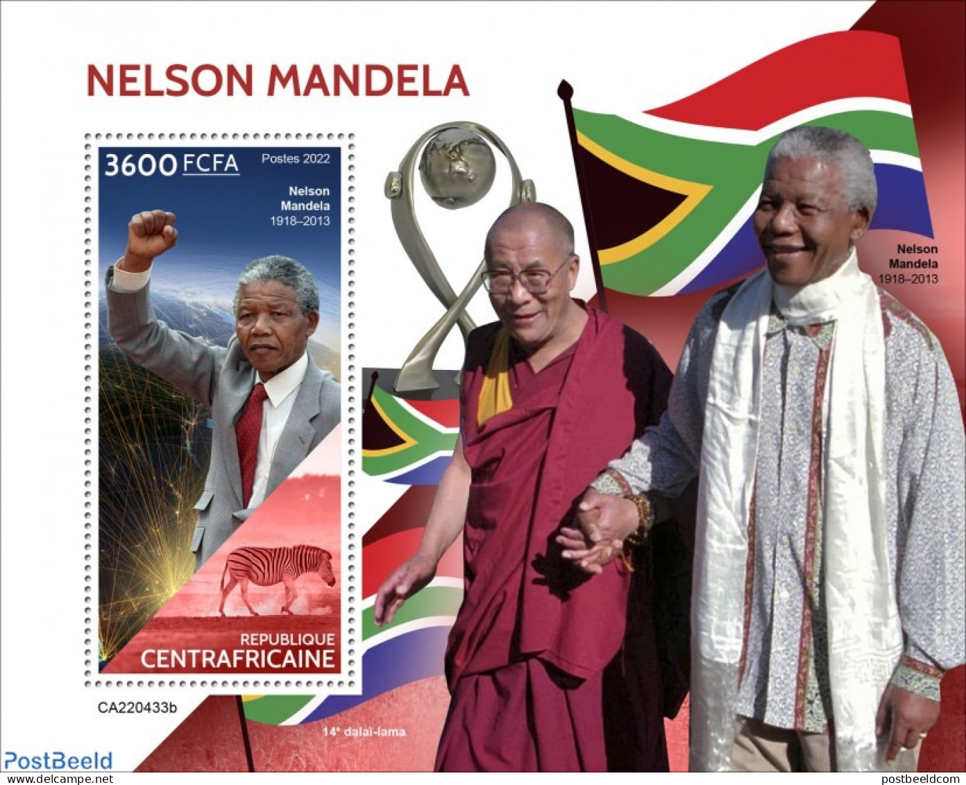 Central Africa 2022 Nelson Mandela, Mint NH, History - Nature - Zebra - Nelson Mandela - Centraal-Afrikaanse Republiek