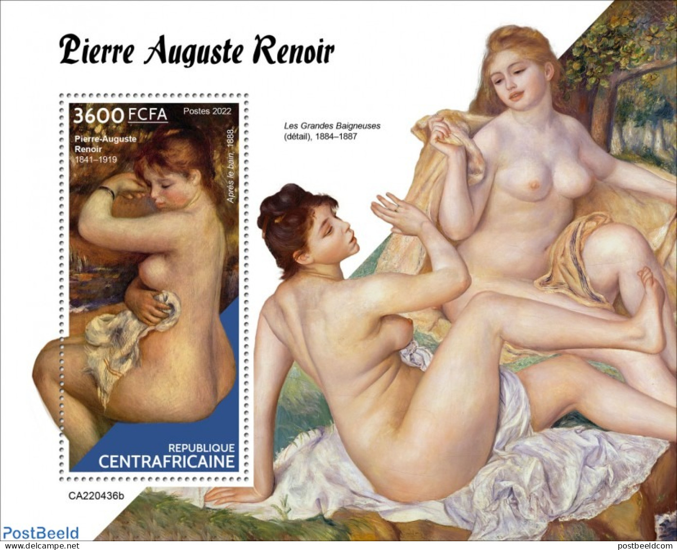 Central Africa 2022 Pierre Auguste Renoir, Mint NH, Art - Nude Paintings - Paintings - Central African Republic