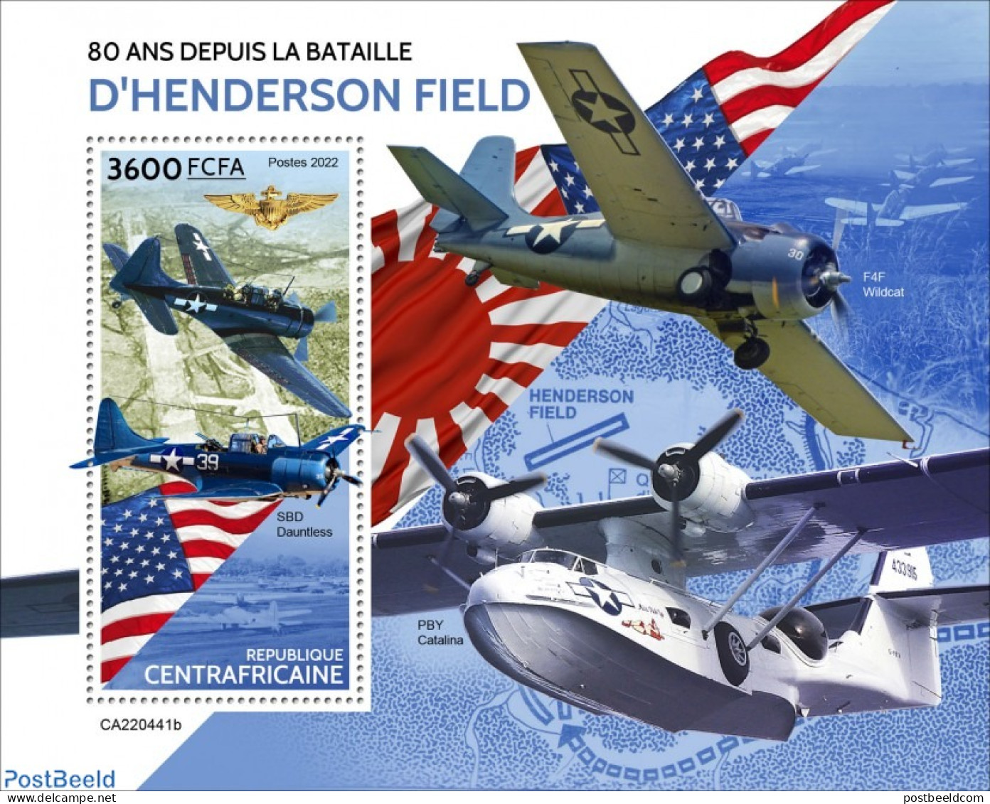 Central Africa 2022 80 Years Since The Battle Of Henderson Field, Mint NH, History - Transport - World War II - Aircra.. - Guerre Mondiale (Seconde)