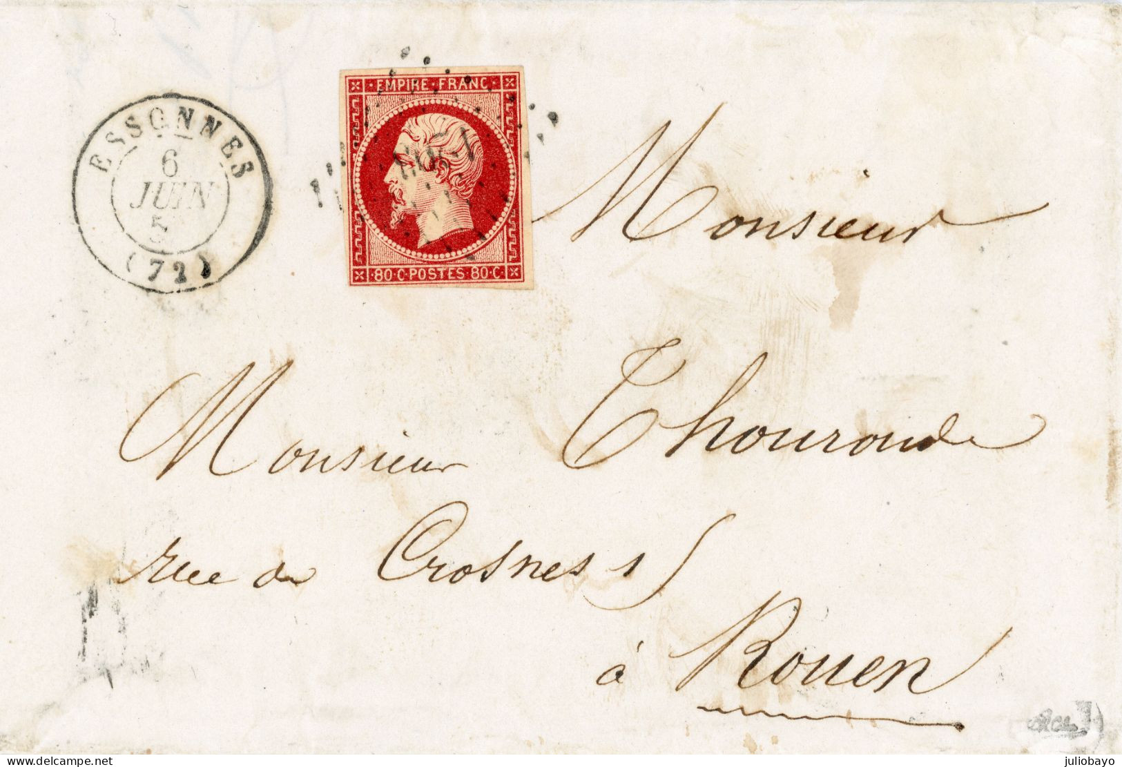 6 Juin 1857 N°17A Superbe Nuance TB PC 1203 Essonnes Vers Rouen ,signée Calves - 1849-1876: Période Classique