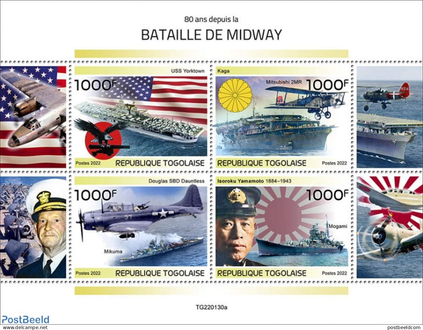 Togo 2022 80 Years Since The Battle Of Midway, Mint NH, History - Transport - Flags - World War II - Aircraft & Aviati.. - Guerre Mondiale (Seconde)