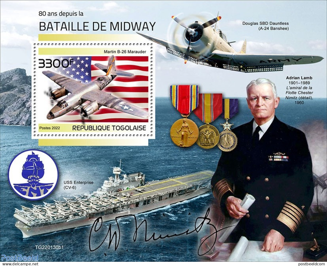 Togo 2022 80 Years Since The Battle Of Midway, Mint NH, History - Transport - World War II - Aircraft & Aviation - Shi.. - Guerre Mondiale (Seconde)