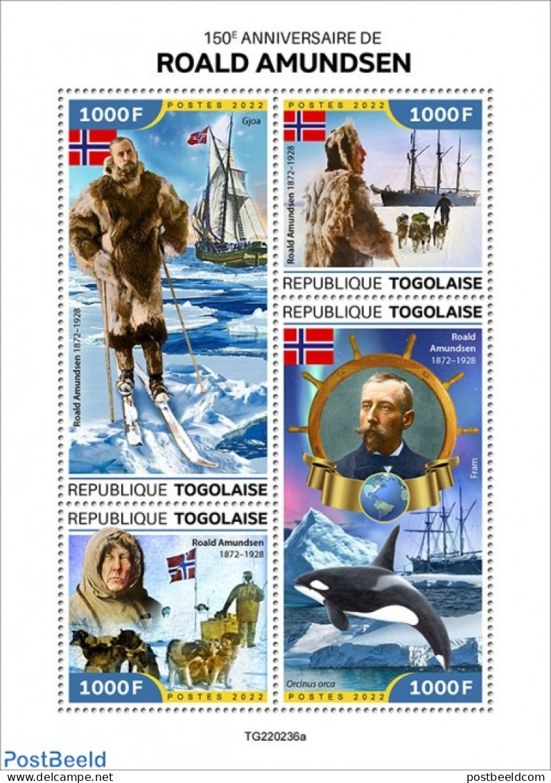 Togo 2022 150th Anniversary Of Roald Amundsen, Mint NH, History - Nature - Transport - Explorers - Flags - Dogs - Sea .. - Exploradores
