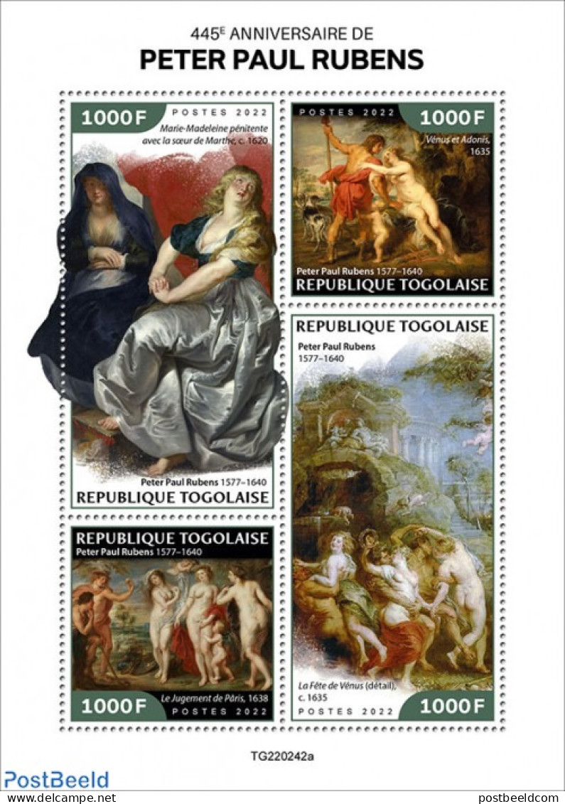 Togo 2022 445th Anniversary Of Peter Paul Rubens, Mint NH, Art - Nude Paintings - Paintings - Rubens - Togo (1960-...)