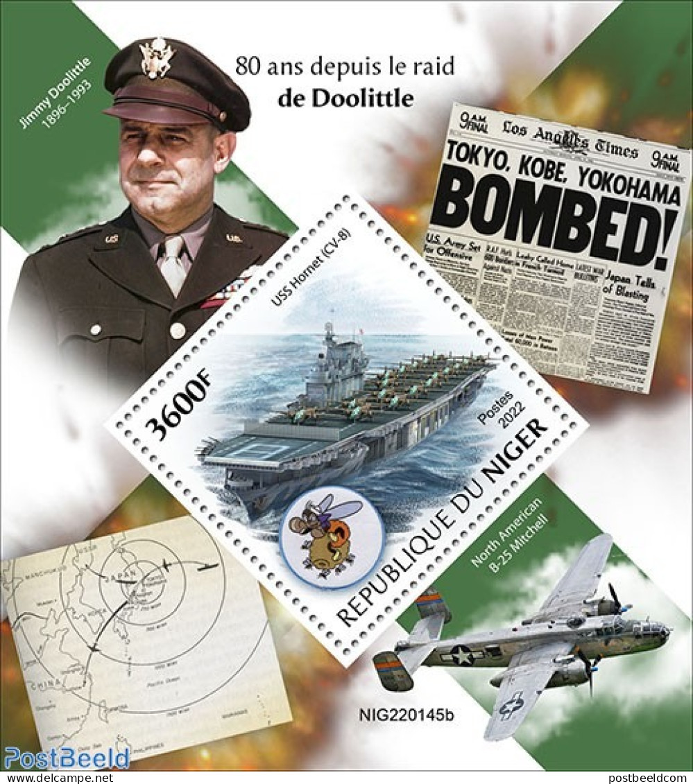 Niger 2022 80 Years Since The Doolittle Raid, Mint NH, History - Transport - World War II - Aircraft & Aviation - Ship.. - Guerre Mondiale (Seconde)