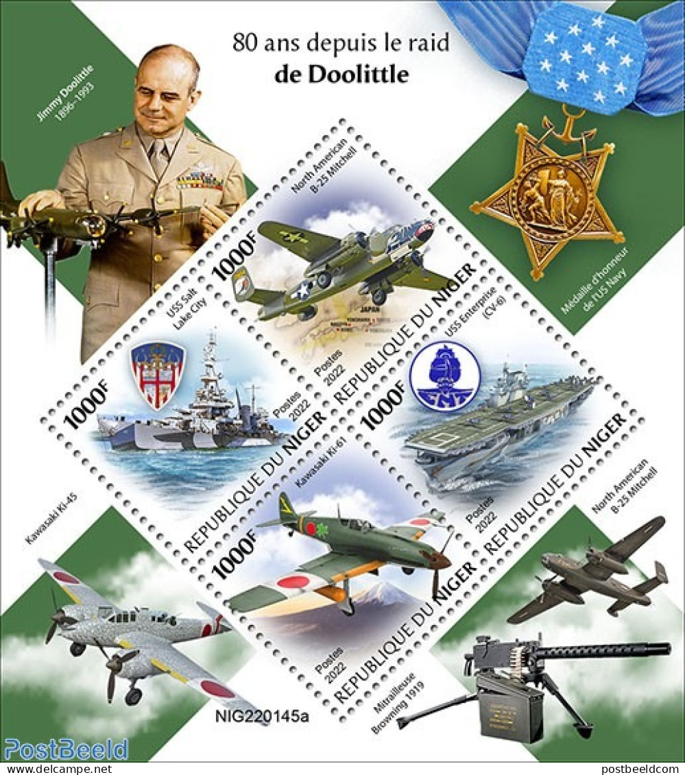 Niger 2022 80 Years Since The Doolittle Raid, Mint NH, History - Transport - World War II - Aircraft & Aviation - Ship.. - Seconda Guerra Mondiale