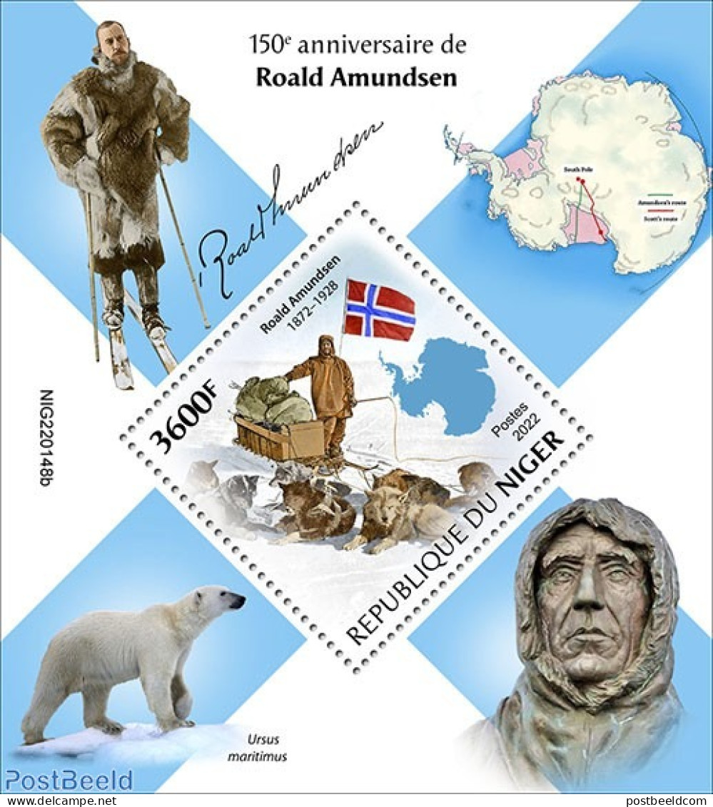 Niger 2022 150th Anniversary Of Roald Amundsen, Mint NH, History - Nature - Transport - Explorers - Flags - Bears - Dogs - Erforscher
