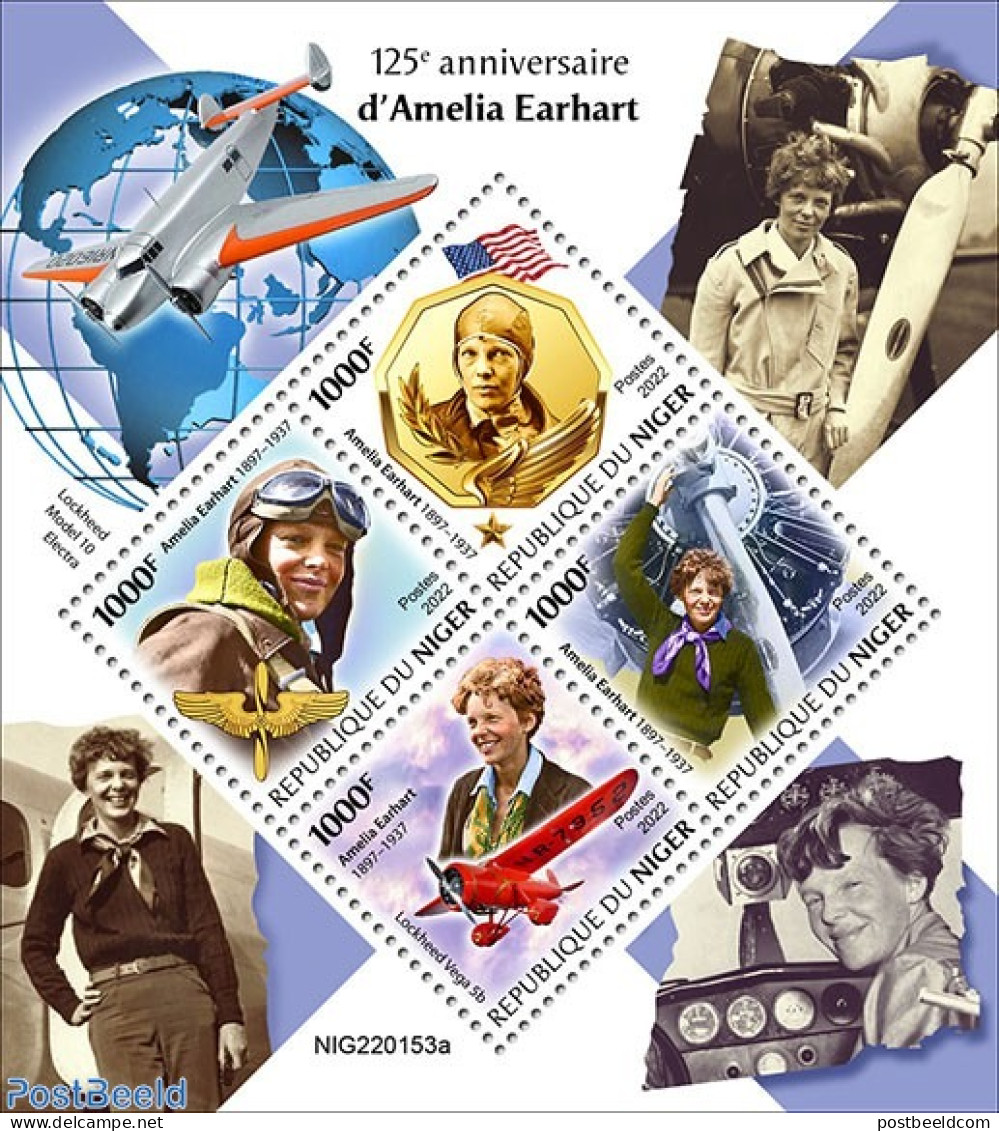 Niger 2022 125th Anniversary Of Amelia Earhart, Mint NH, Transport - Aircraft & Aviation - Flugzeuge