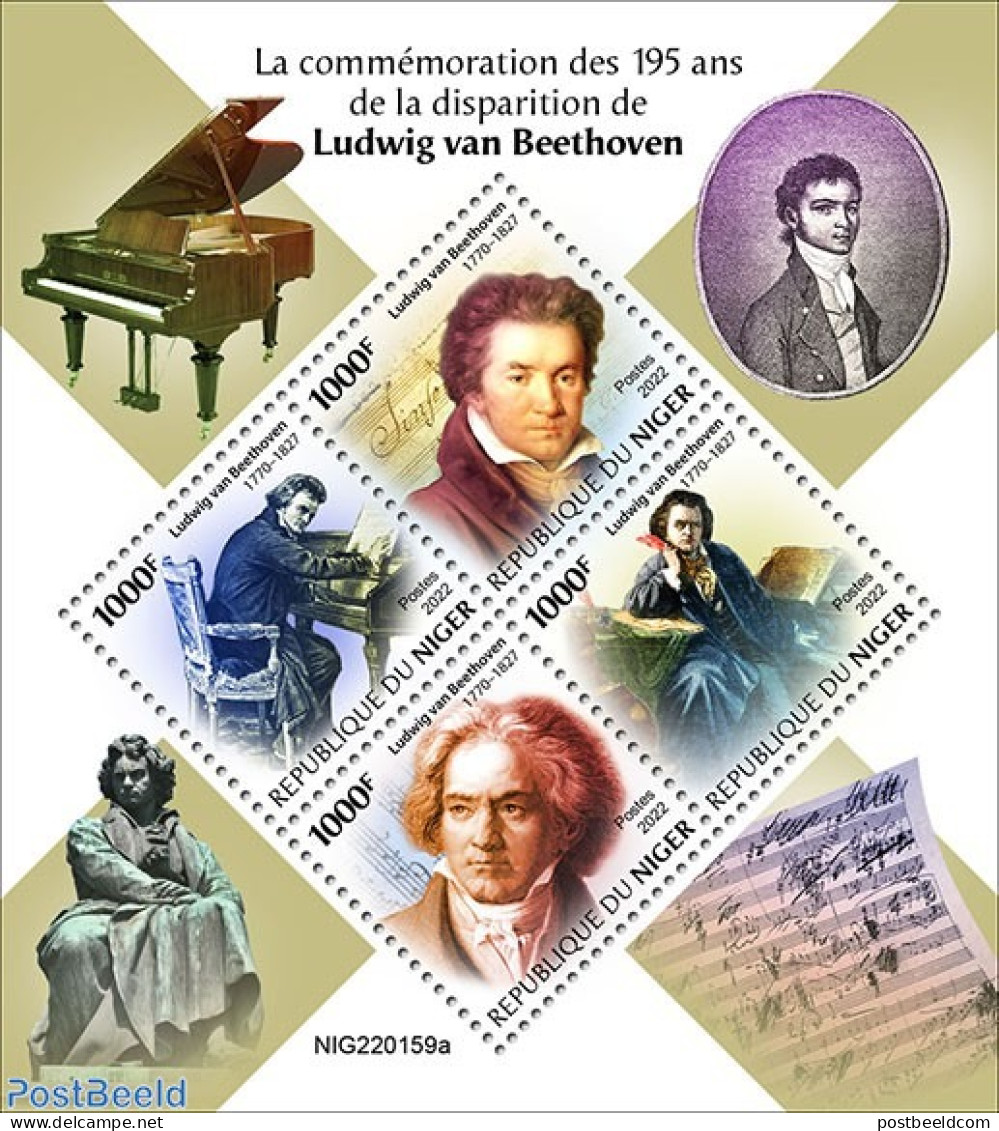 Niger 2022 195th Memorial Anniversary Of Ludwig Van Beethoven, Mint NH, Performance Art - Music - Musical Instruments .. - Music