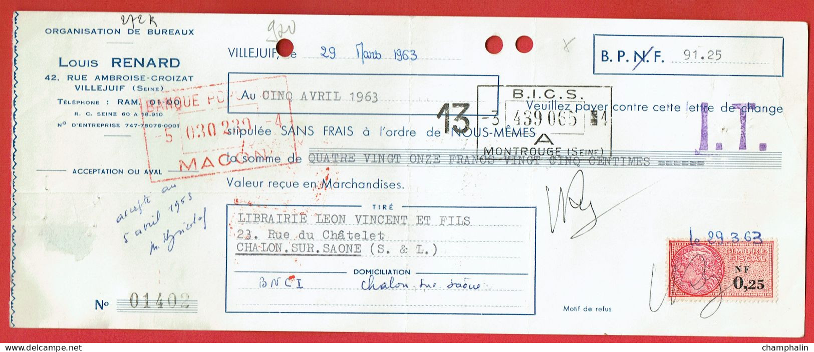 Lot 3 Lettres De Change Du Kremlin-Bicêtre & Villejuif (94) Pour Chalon-sur-Saône (71) - 1960-63 - Ets Louis Renard - Bills Of Exchange