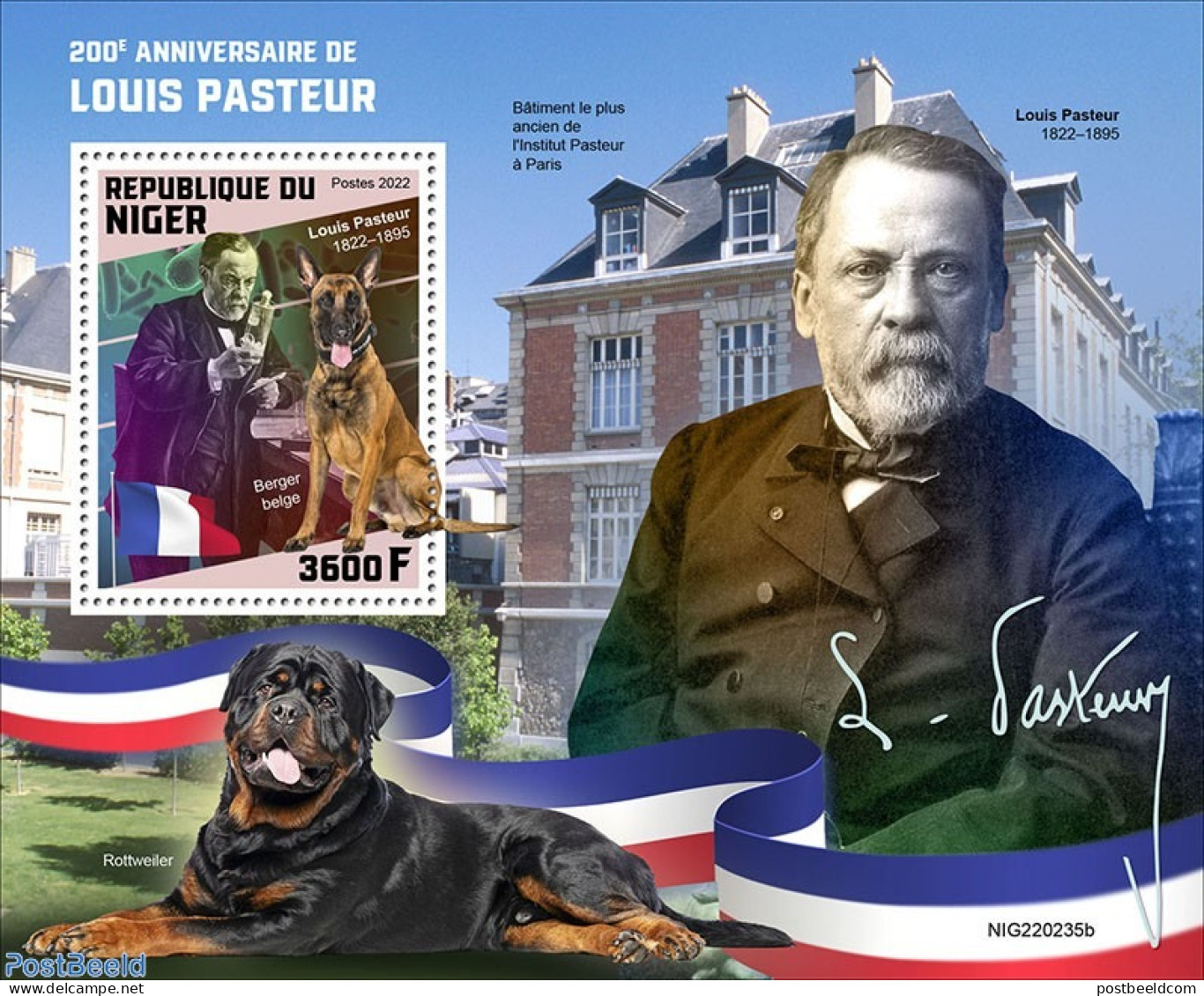 Niger 2022 200th Anniversary Of Louis Pasteur, Mint NH, History - Nature - Science - Flags - Dogs - Níger (1960-...)