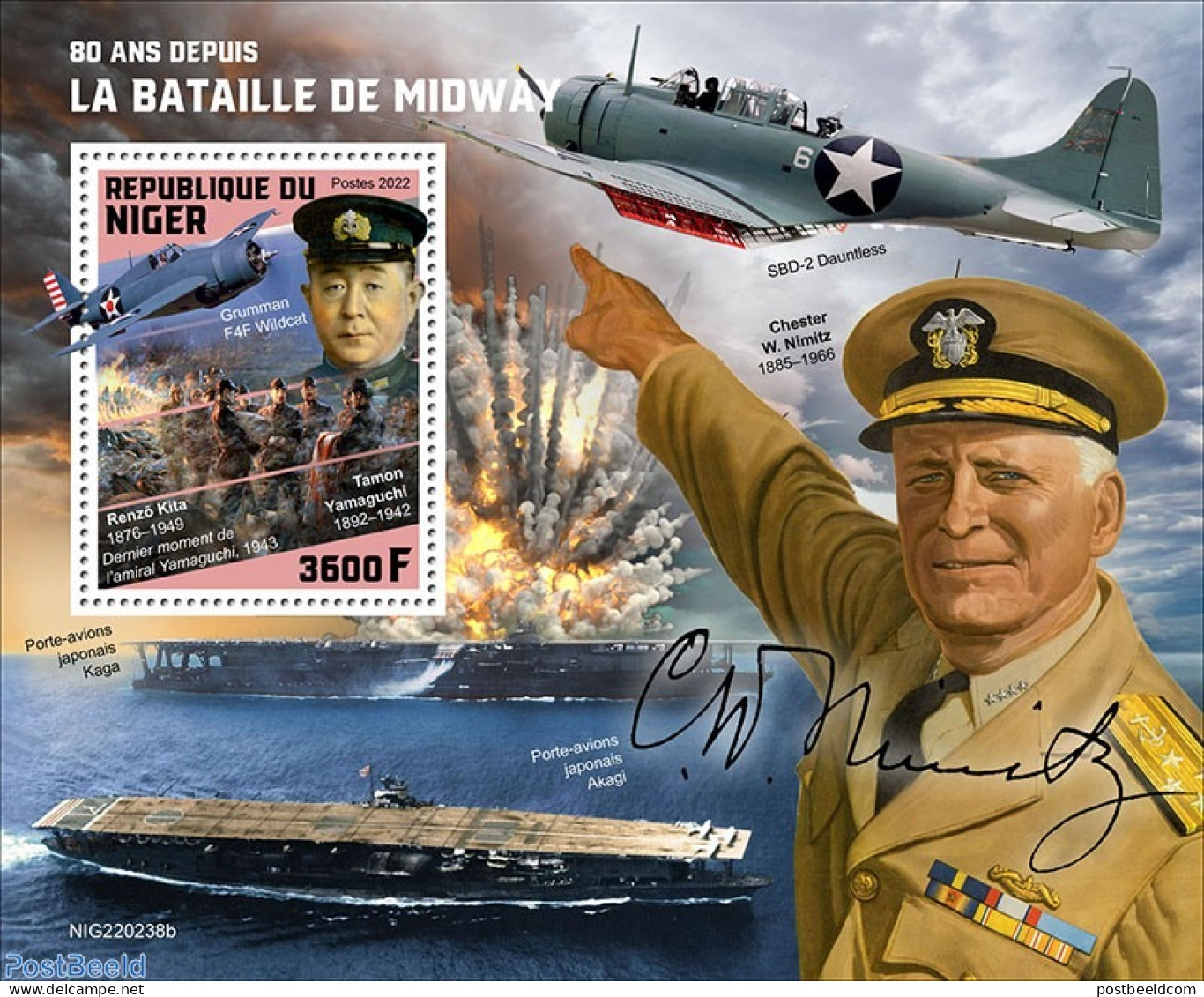 Niger 2022 80 Years Since The Battle Of Midway, Mint NH, History - Transport - World War II - Aircraft & Aviation - WW2 (II Guerra Mundial)