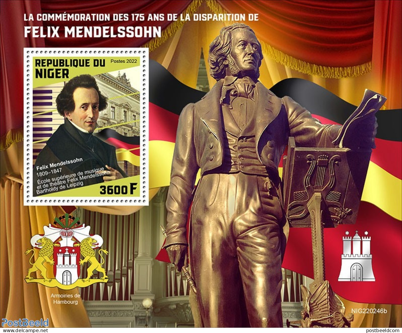 Niger 2022 175th Memorial Anniversary Of Felix Mendelssohn, Mint NH, Performance Art - Music - Musical Instruments - A.. - Music