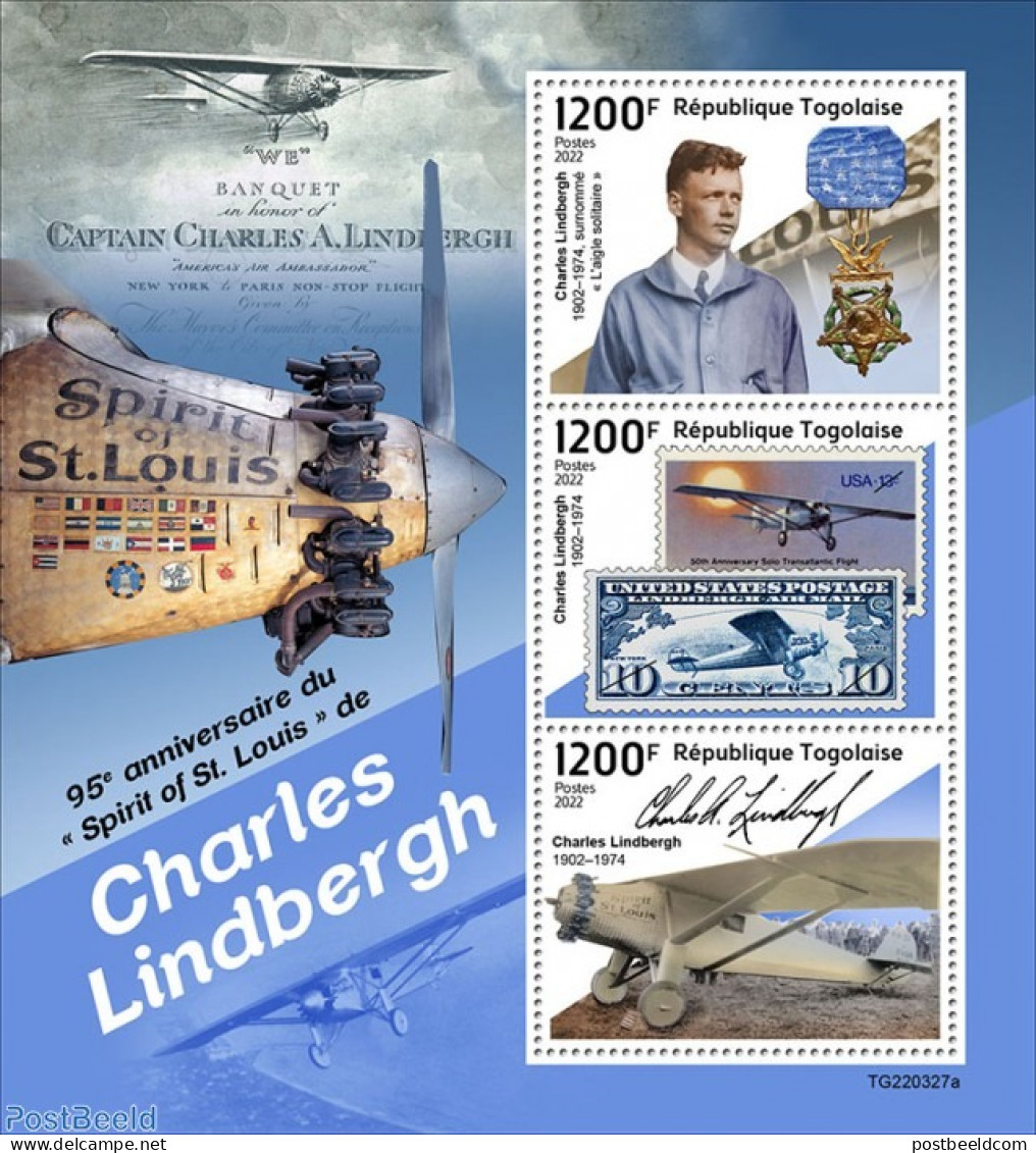 Togo 2022 95th Anniversary Of Spirit Of St. Louis Of Charles Lindbergh, Mint NH, Transport - Stamps On Stamps - Aircra.. - Postzegels Op Postzegels