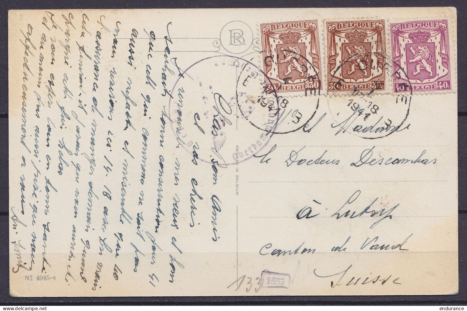 CP Fantaisie Affr. N°479+424x2 Càd OUGREE /4 I 1941 Pour La LUSTDORFCanton De Vaud (Suisse) - Cachet Censure Militaire - 1935-1949 Sellos Pequeños Del Estado