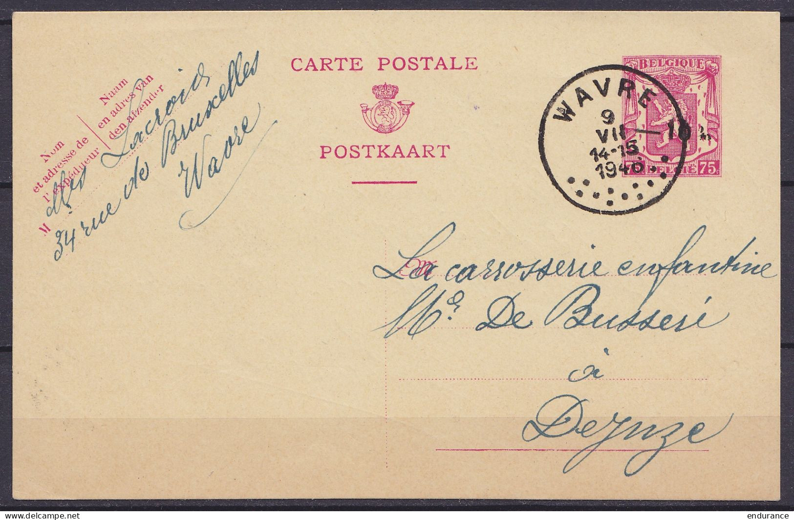 EP CP 75c Rose Petit Sceau De L'Etat -10% Càd WAVRE /9 VII 1946 Pour DEYNZE - Postcards 1934-1951