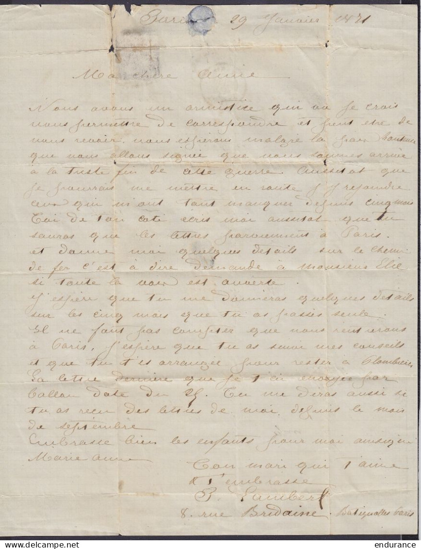 L. Affr. N°29B Lpts "130?" Càd PARIS /29 JANV 1871 D'un Assiégé Pour Son épouse à PLOMBIERES DIJON (voir Texte à Propos  - Krieg 1870