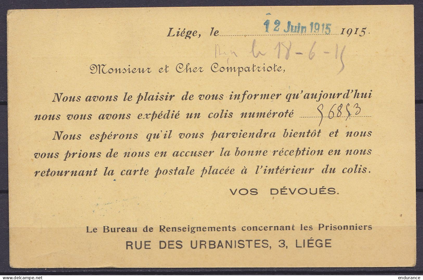 Carte Kriegsgefangenen-Sendung - Avis D'envoi De Colis De LIEGE 12 Juin 1915 Pour Prisonnier Au Lager 2 Bar 26B à SOLTAU - Prisonniers
