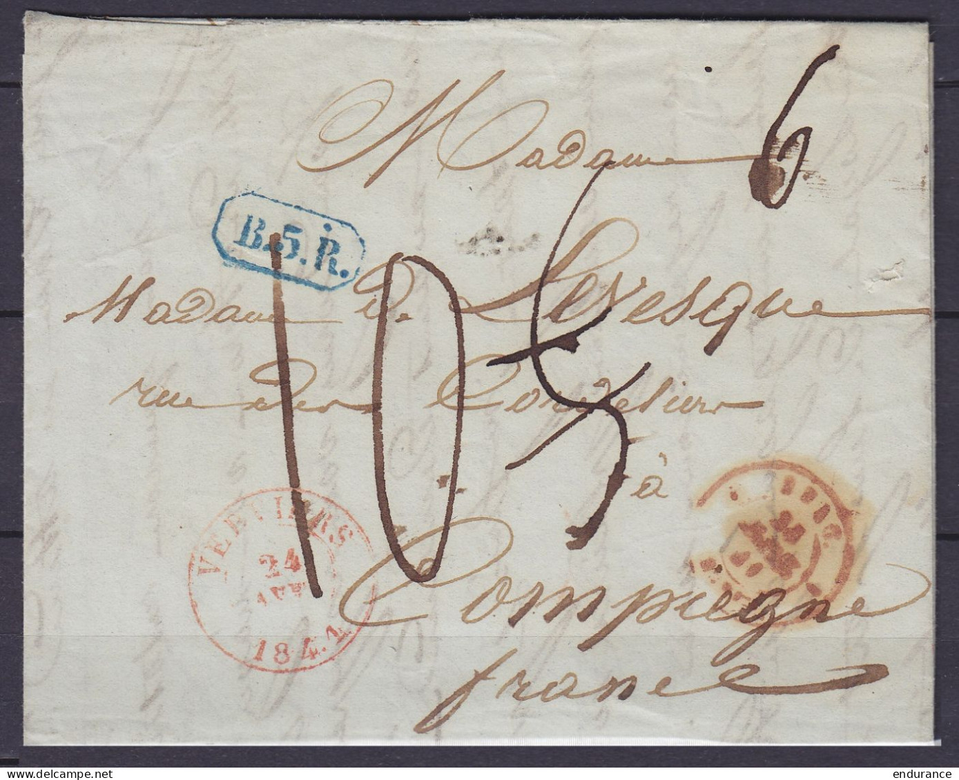L. Datée 24 Avril 1841 De VERVIERS Pour COMPIEGNE - Griffe [B.5.R.] Port "5" Barré Et Corrigé En "10" (+ "6") (au Dos: C - 1830-1849 (Belgica Independiente)