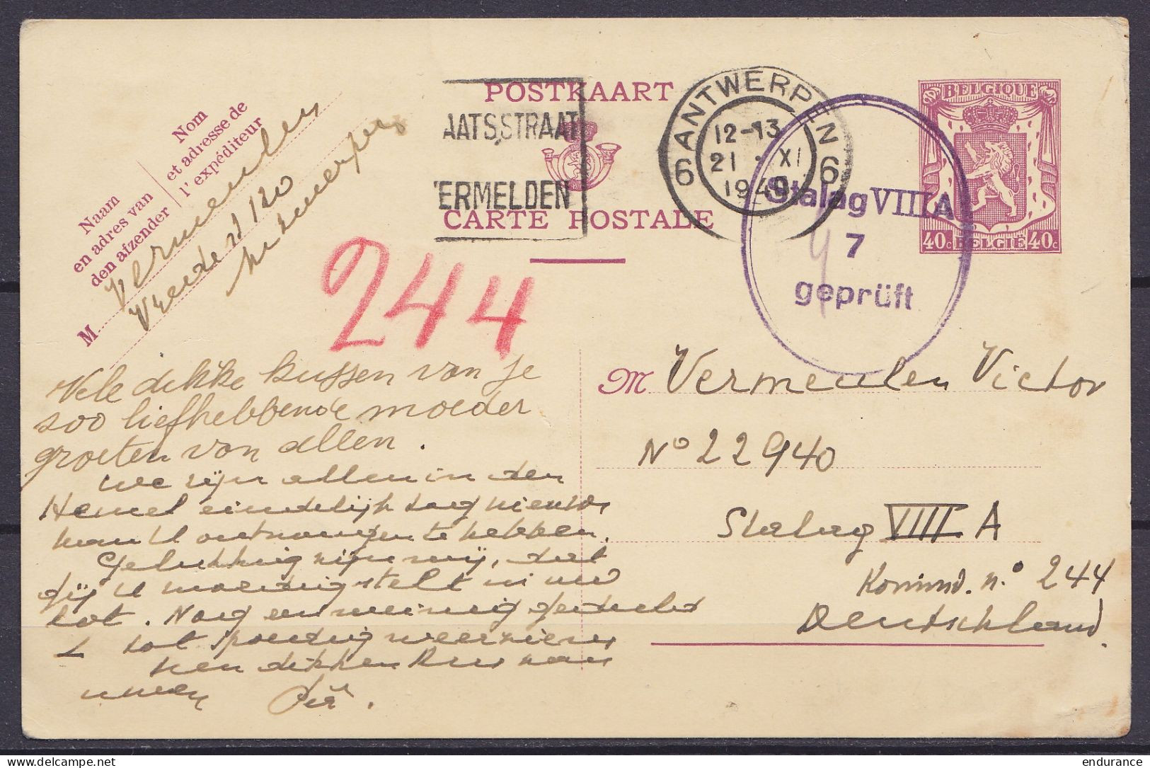 EP CP 40c Lilas Flam ANTWERPEN 6/21 X 1940 Pour Prisonnier Au Stalag VIIIA (Allemagne) - Cachet Censure - WW II (Covers & Documents)