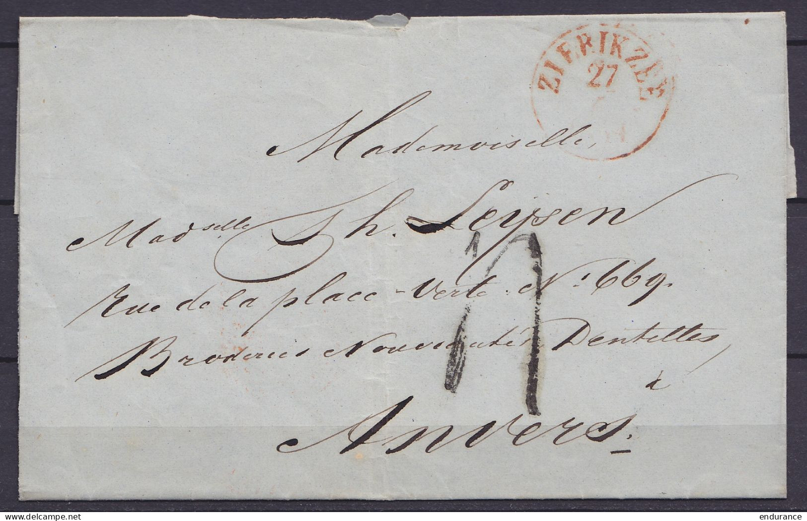 LSC (sans Texte) Càd "ZIERIKZEE /27/6/ 1834" (Pays-Bas) Pour ANVERS - Port "4" Au Tampon (au Dos: Càd "PAYS-BAS PAR ANVE - 1830-1849 (Unabhängiges Belgien)