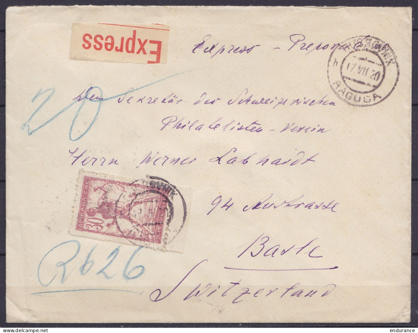 Yougoslavie - L. Express Affr. Tps De L'État Des Slovènes, Croates Et Serbes Càpt "DUBROVNIK /17 VII 1920/ RAGUSA" Pour  - Cartas & Documentos