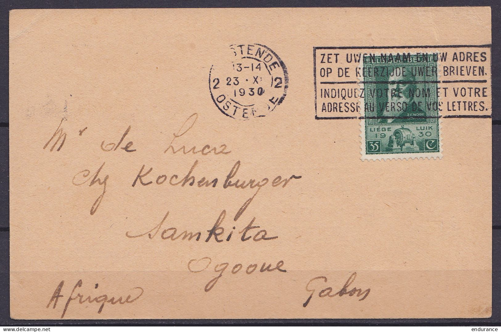 CP "Achats De Timbres" Affr. N°299 Flam. OSTENDE 2/23.X.1930 Pour SAMKITA OGOOUE (Gabon) - Covers & Documents