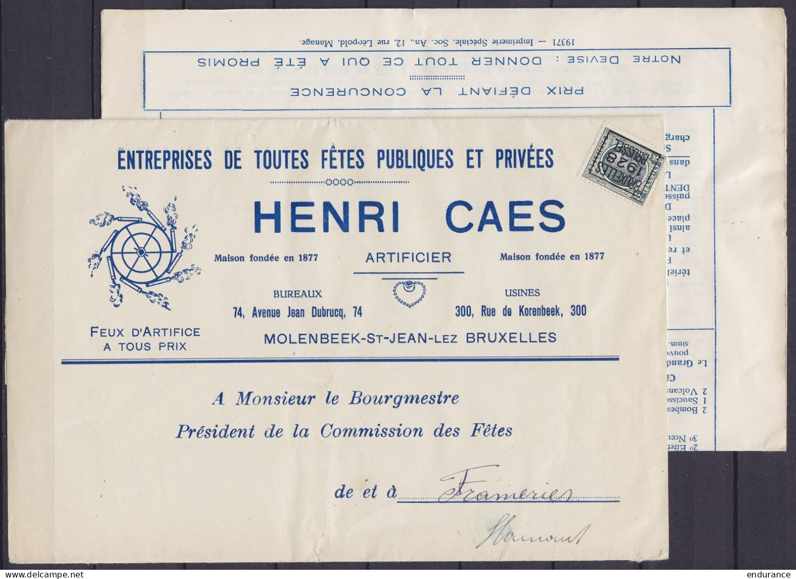 Imprimé Pub "Entreprise Fêtes Publiques & Privées Henri Caes" Affr. PREO 5c Houyoux [BRUXELLES /1928/ BRUSSEL] Pour FRAM - Tipo 1922-31 (Houyoux)