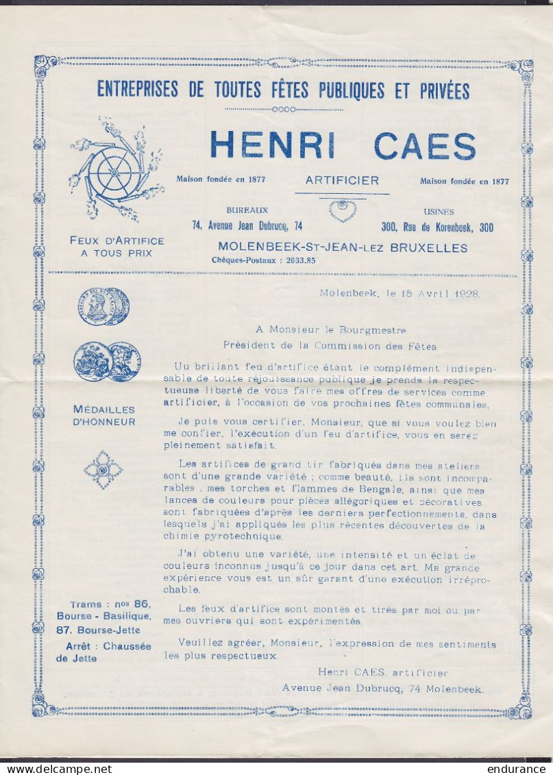 Imprimé Pub "Entreprise Fêtes Publiques & Privées Henri Caes" Affr. PREO 5c Houyoux [BRUXELLES /1928/ BRUSSEL] Pour FRAM - Typografisch 1922-31 (Houyoux)