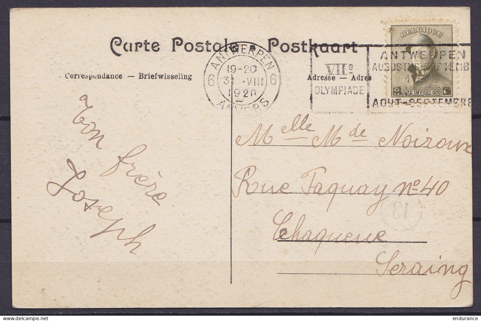 CP Anvers Affr. N°166 Flam. "ANTWERPEN 6/31 VIII 1920/ VIIe Olympiade" Pour CHAQUEUE SERAING - 1919-1920 Roi Casqué