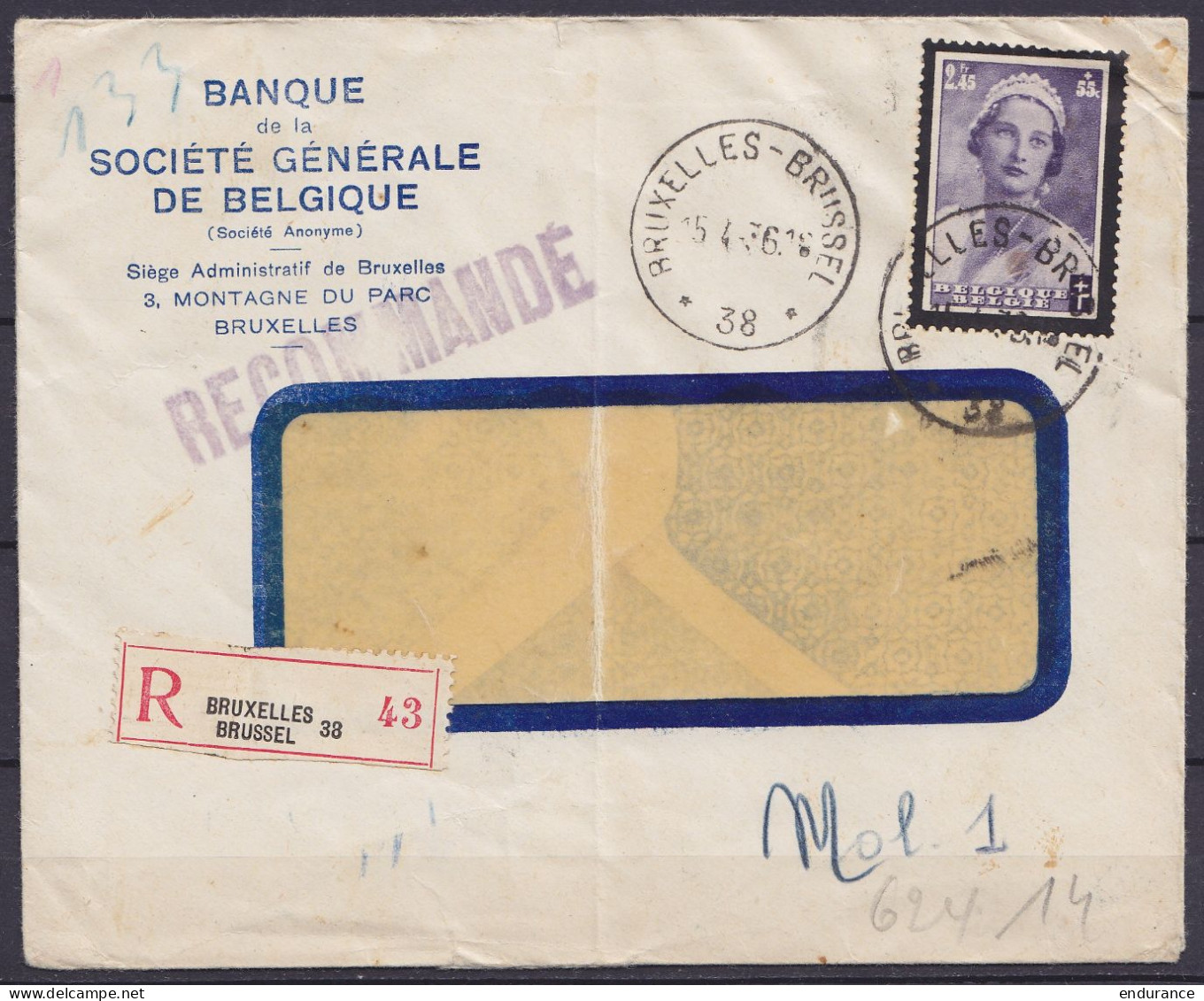 L. Recommandée Banque Société Générale Affr. N°418 Càd Agence "BRUXELLES*BRUSSEL /15.4.1936" Pour MOLENBEEK (voir Càd Ar - Covers & Documents