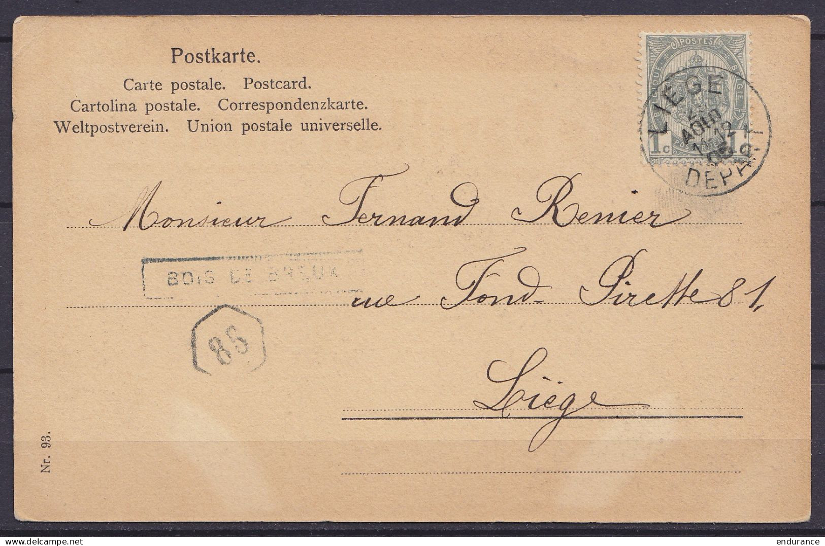 CP Affr. N°53 Càd LIEGE /28 AOÜT 1905/ DEPART Pour E/V - Griffe [BOIS DE BREUX] - 1893-1907 Wappen