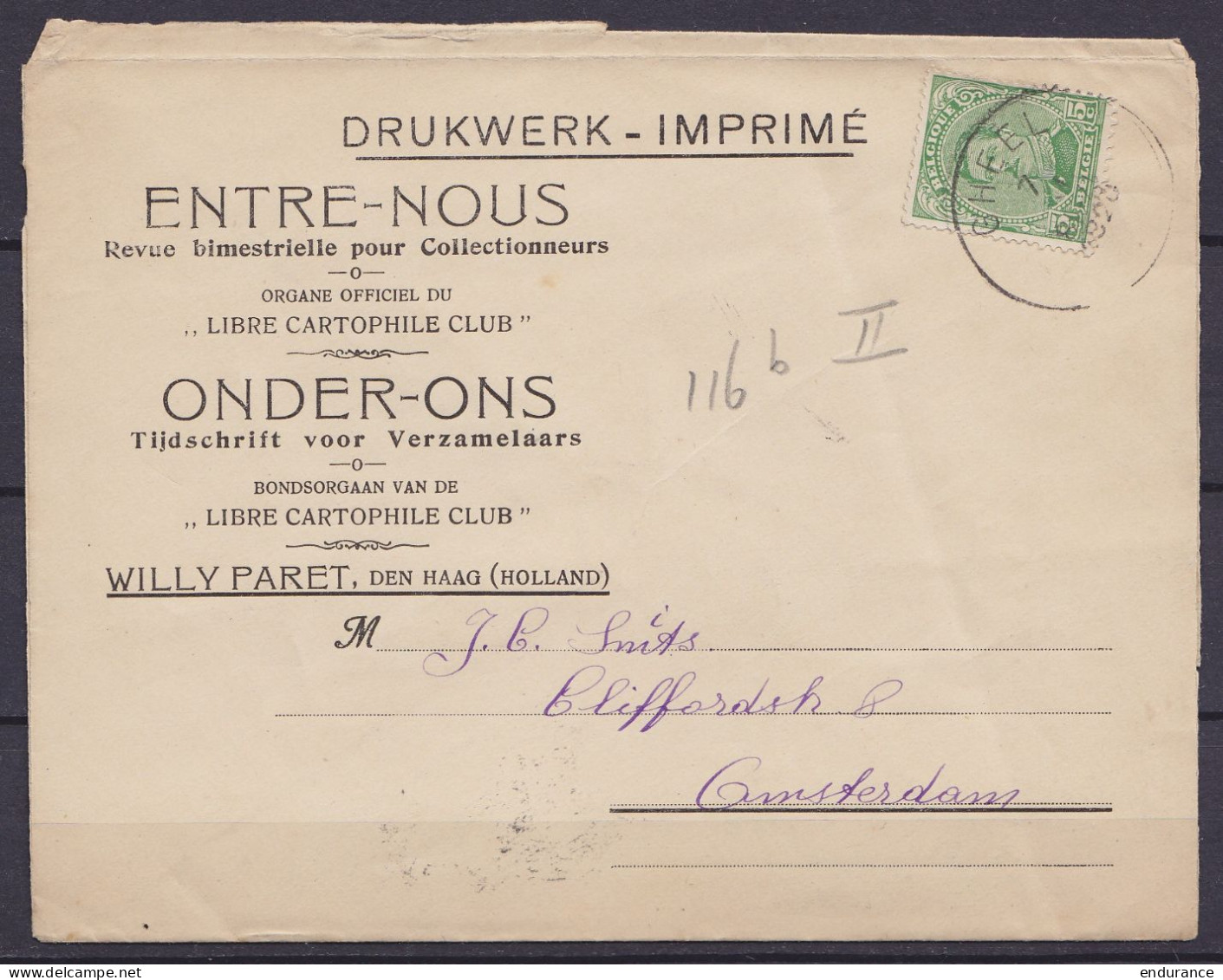 L. Revue "Entre-Nous" (pour Collectionneurs) Affr. N°137 Càd GHEEL /7 NOV 1920 Pour AMSTERDAM (au Dos: Vignette "Registr - 1914-1915 Rode Kruis