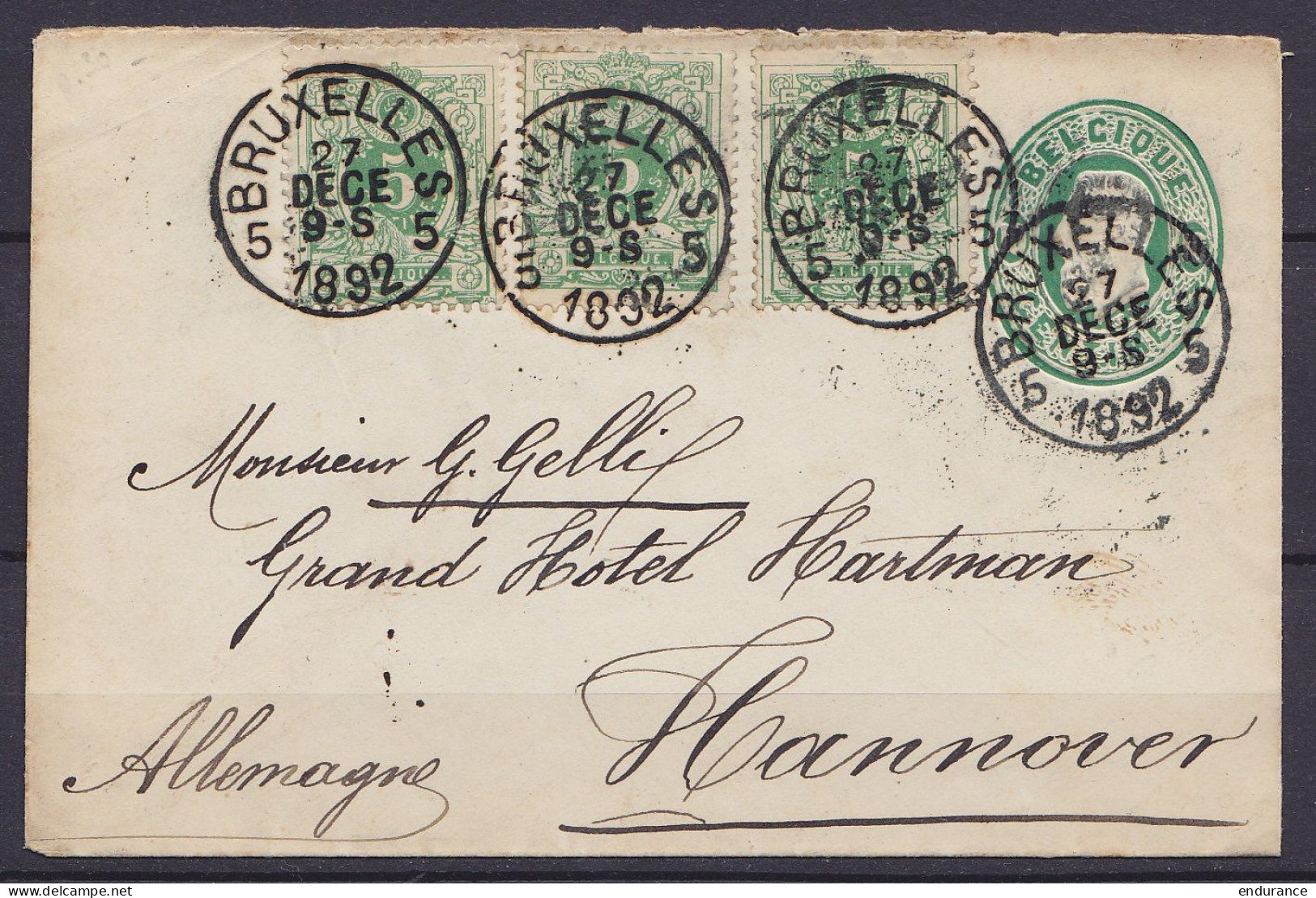 L. EP 10c Vert + N°45x3 Càd BRUXELLES 5/27 DEC 1892 Pour Grand Hotel Hartman à HANNOVER (au Dos: Càd HANNOVER /28-12-92) - 1869-1888 Lion Couché (Liegender Löwe)