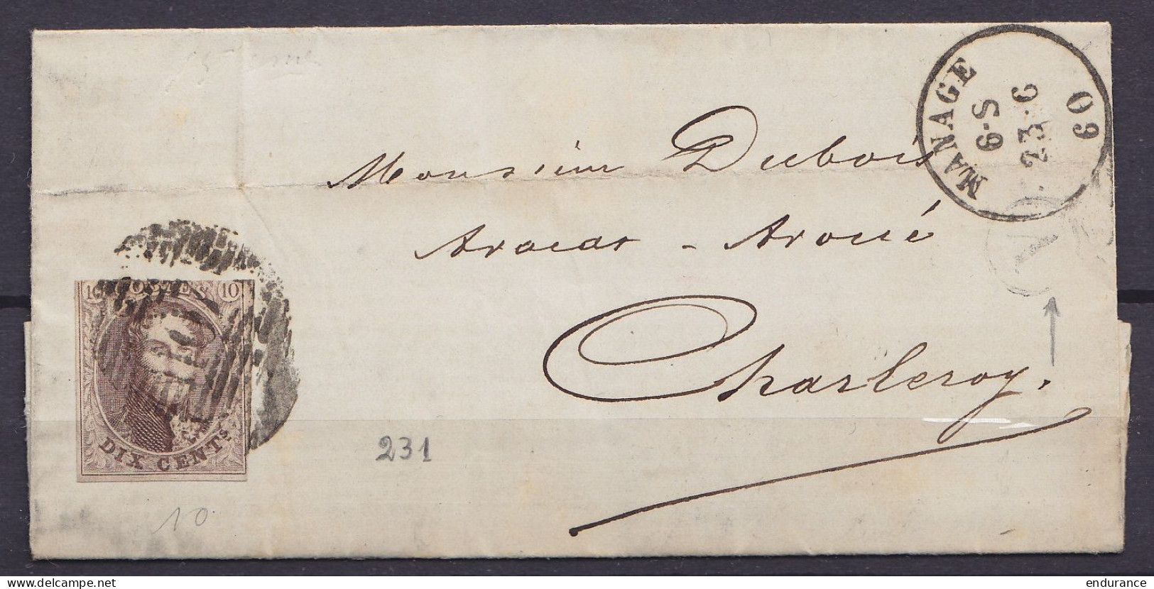 L. Affr. N°10 - P107 Càd "MANAGE /23-6/ 1860" Pour CHARLEROI - Boîte "V" De Seneffe (au Dos: Càd CHARLEROY) - 1858-1862 Medallions (9/12)