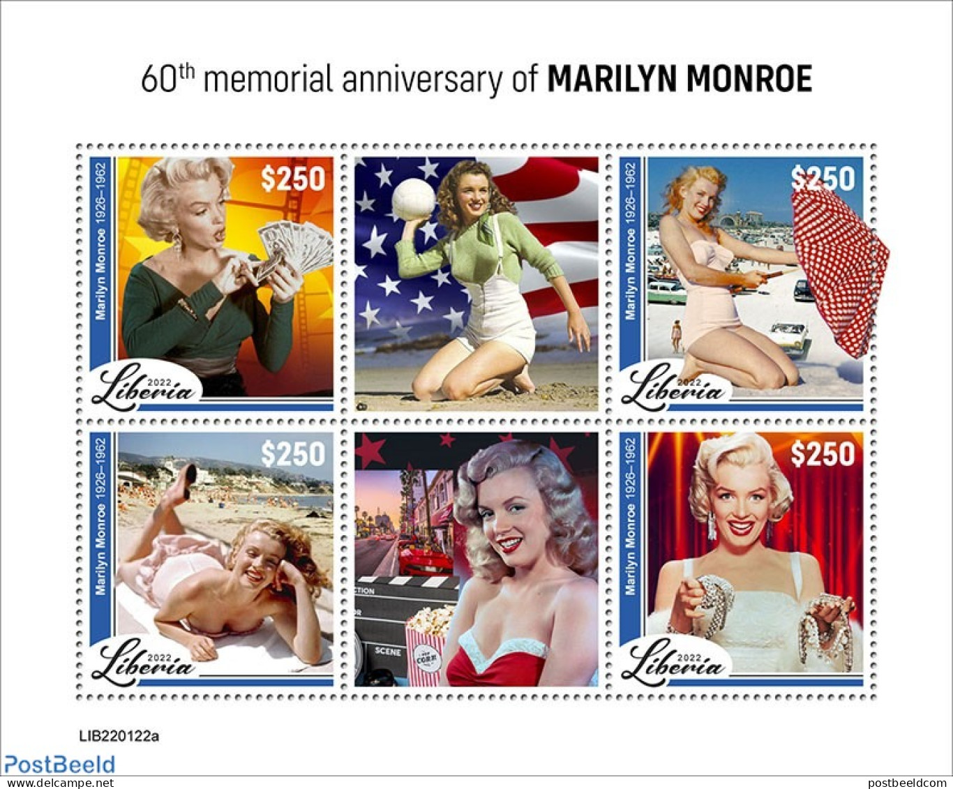 Liberia 2022 60th Memorial Anniversary Of Marilyn Monroe, Mint NH, Performance Art - Marilyn Monroe - Movie Stars - Acteurs