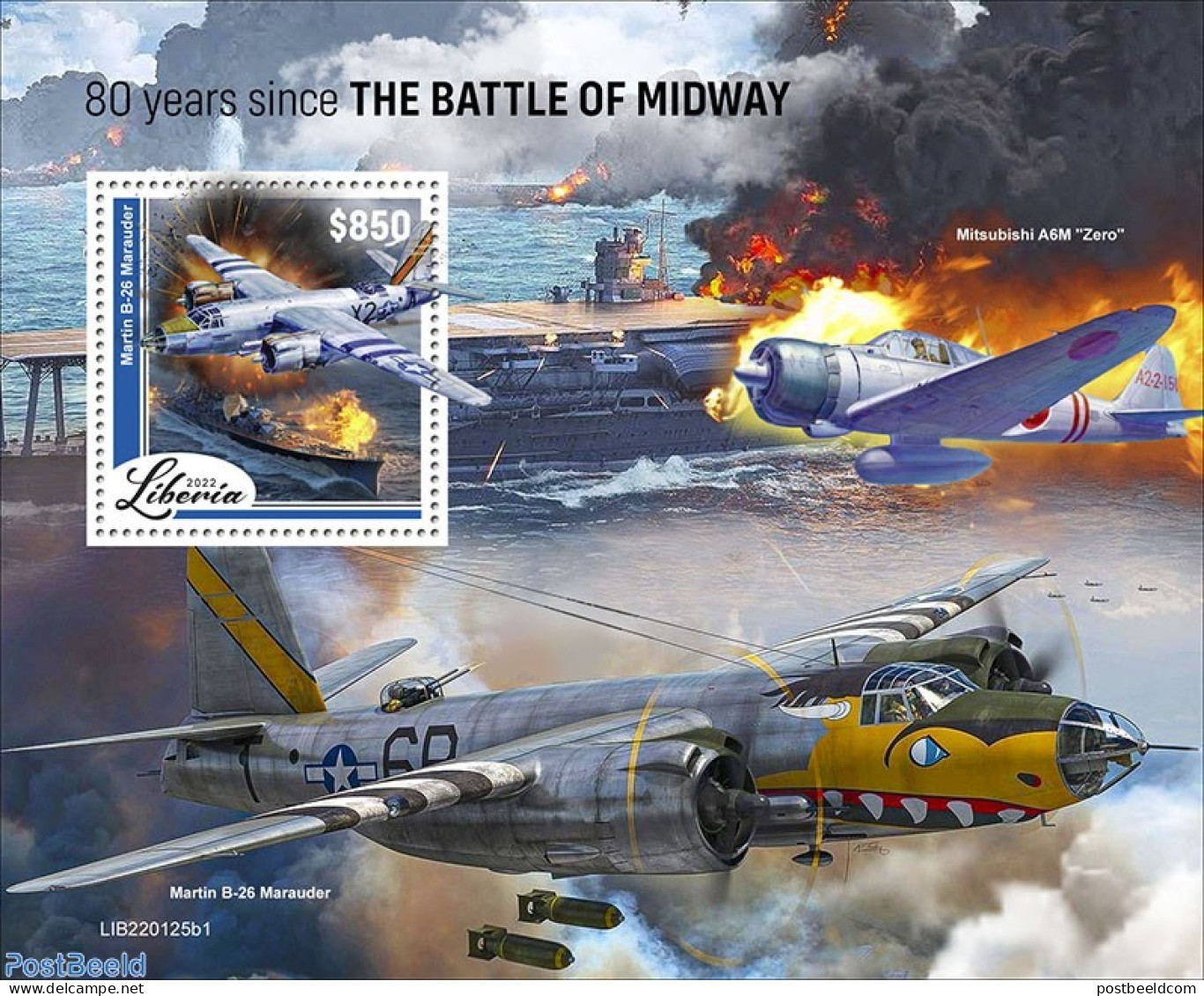 Liberia 2022 80 Years Since The Battle Of Midway, Mint NH, History - Transport - World War II - Aircraft & Aviation - WW2 (II Guerra Mundial)