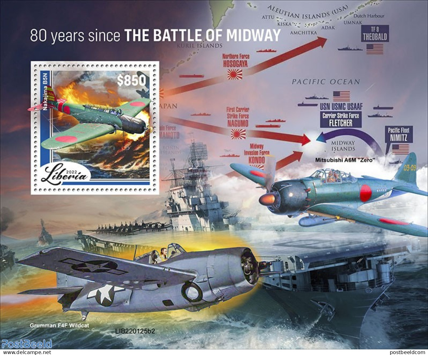 Liberia 2022 80 Years Since The Battle Of Midway, Mint NH, History - Transport - World War II - Aircraft & Aviation - WW2