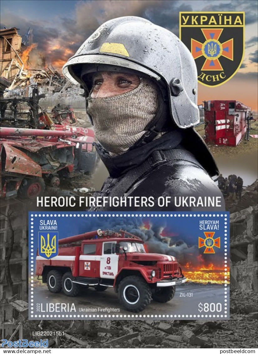 Liberia 2022 Heroic Firefighters Of Ukraine, Mint NH, Transport - Automobiles - Fire Fighters & Prevention - Coches