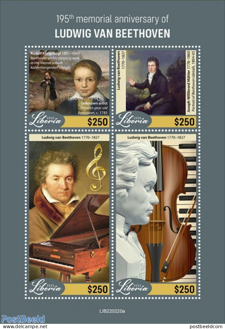 Liberia 2022 195th Memorial Anniversary Of Ludwig Van Beethoven, Mint NH, Performance Art - Music - Musical Instrument.. - Musique
