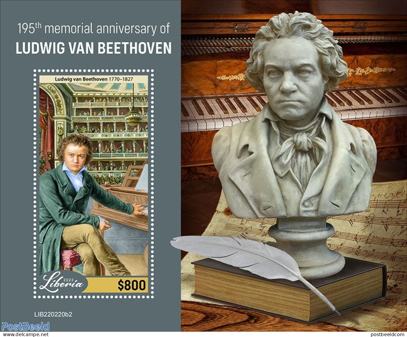 Liberia 2022 195th Memorial Anniversary Of Ludwig Van Beethoven, Mint NH, Performance Art - Music - Musical Instrument.. - Musik