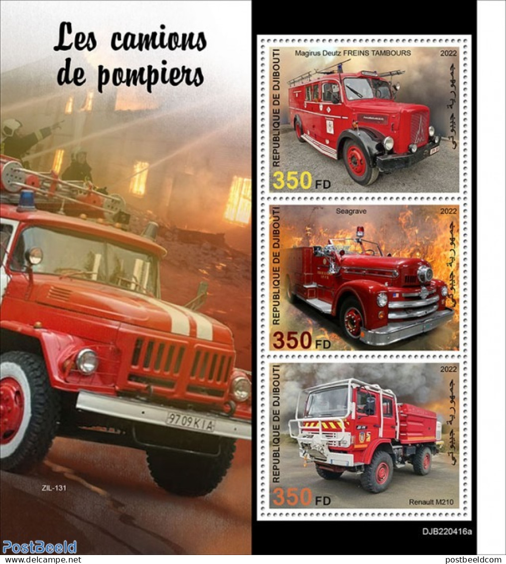 Djibouti 2022 Fire Engines, Mint NH, Transport - Automobiles - Fire Fighters & Prevention - Voitures