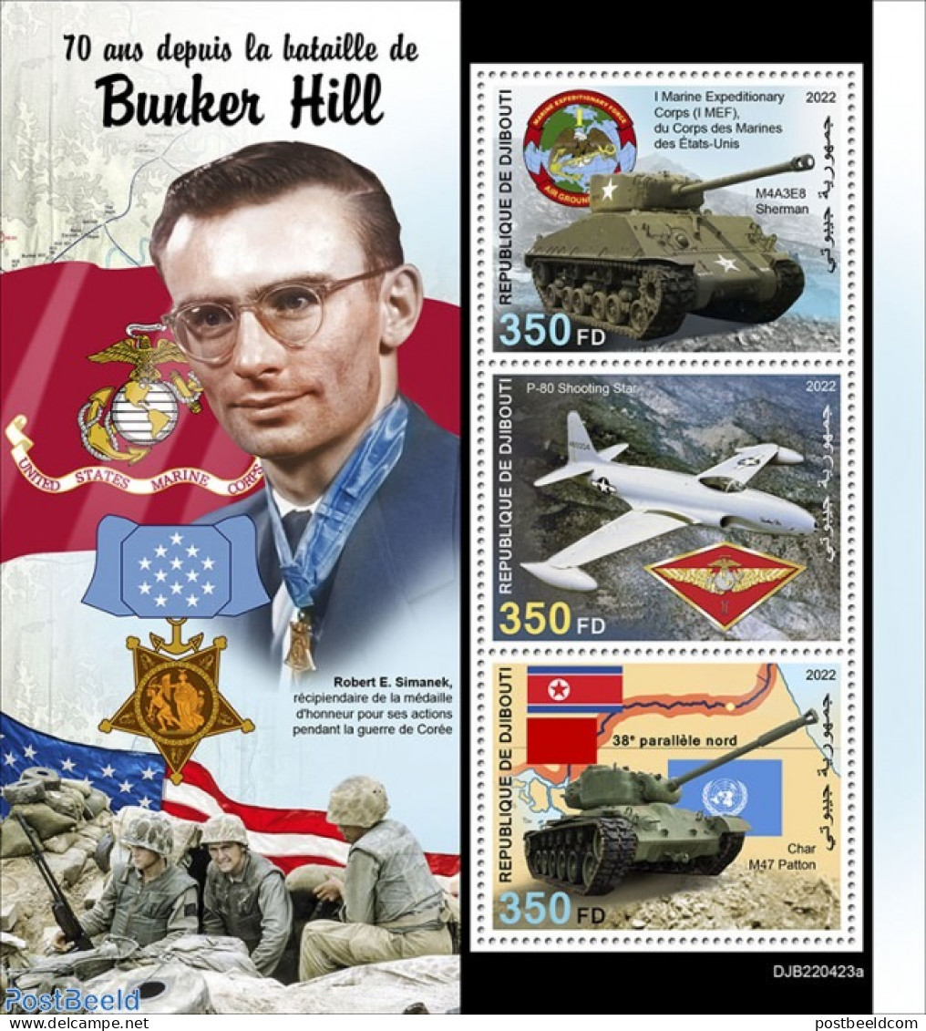 Djibouti 2022 70 Years Since The Battle Of Bunker Hill, Mint NH, History - Transport - Militarism - Aircraft & Aviation - Militaria