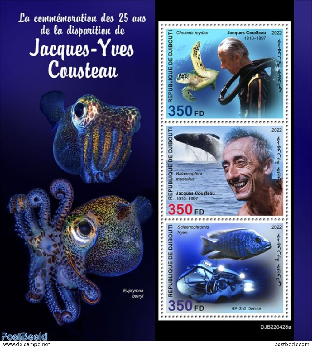 Djibouti 2022 25th Memorial Anniversary Of Jacques-Yves Cousteau , Mint NH, Nature - Fish - Sea Mammals - Turtles - Vissen
