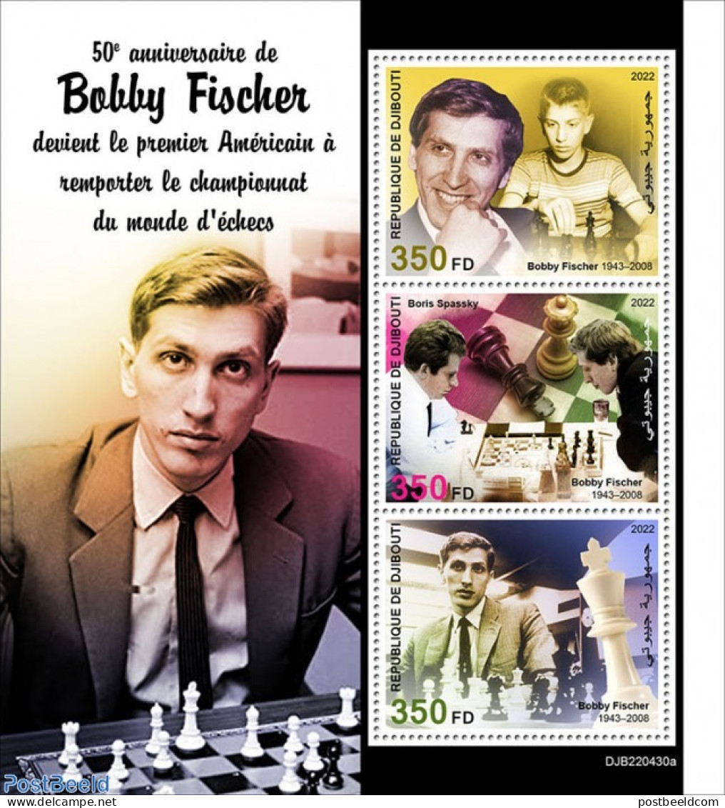 Djibouti 2022 50th Anniversary Of Bobby Fischer 3v M/s, Mint NH, Sport - Chess - Chess