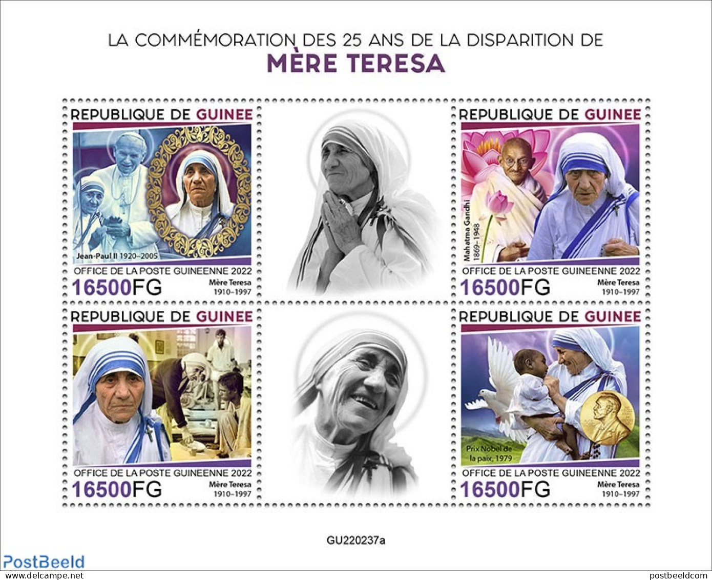 Guinea, Republic 2022 25th Memorial Anniversary Of Mother Teresa, Mint NH, History - Religion - Gandhi - Nobel Prize W.. - Mahatma Gandhi